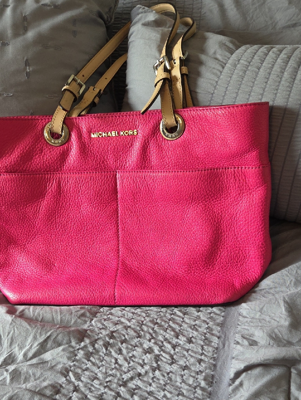Michael Kors Hot Pink Pebbled Leather Tote with Tan Straps